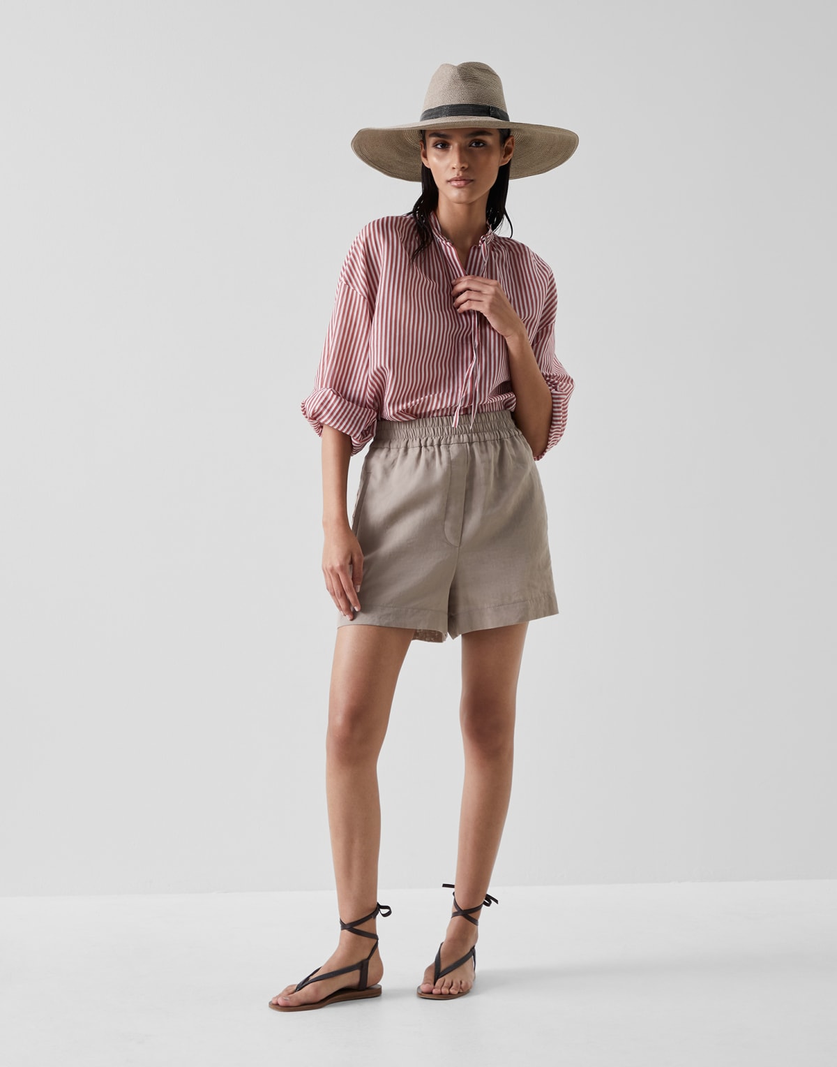 Brunello Cucinelli 閃爍條紋棉絲帆布襯衫，閃亮細節裝飾