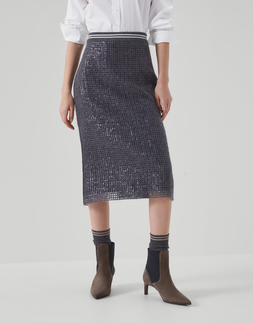 Brunello Cucinelli Dazzling net embroidery straight skirt in mohair and wool