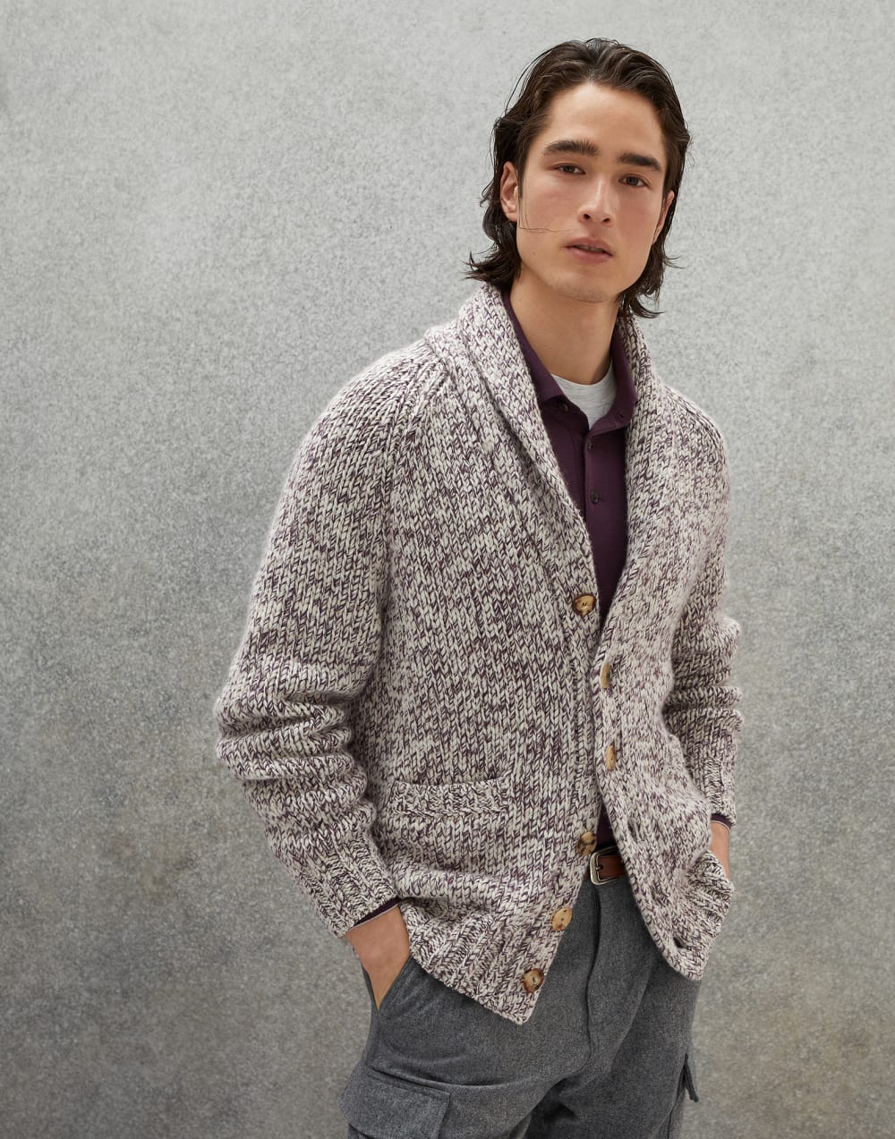 Brunello Cucinelli Virgin wool, cashmere and silk chiné cardigan with raglan sleeves