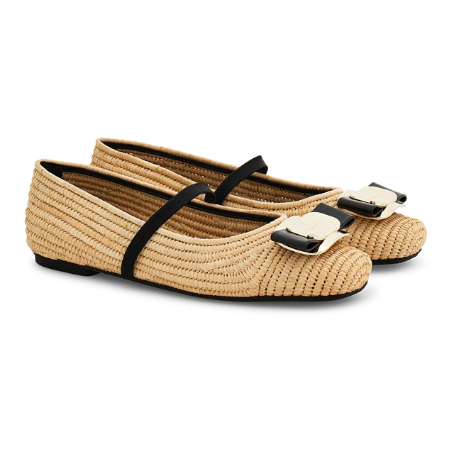 Ferragamo New Vara Plate Raffia Ballet Flat