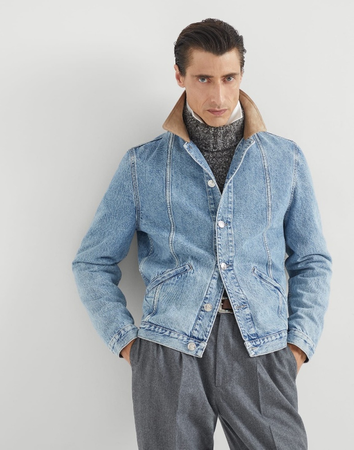 Brunello Cucinelli Denim outerwear jacket with suede collar