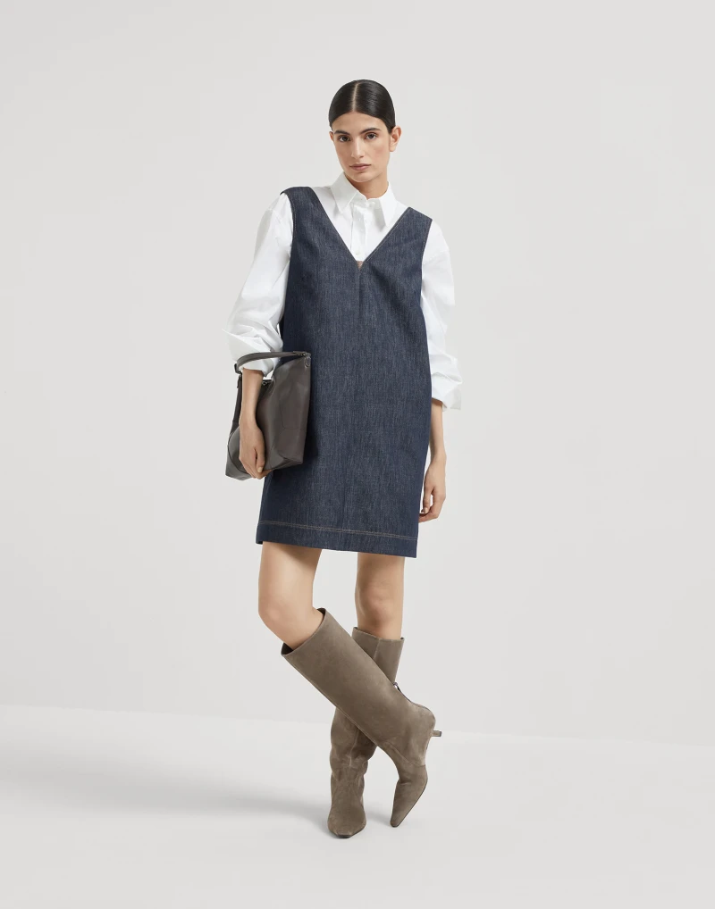 Brunello Cucinelli Cotton denim-effect twill mini dress with monili