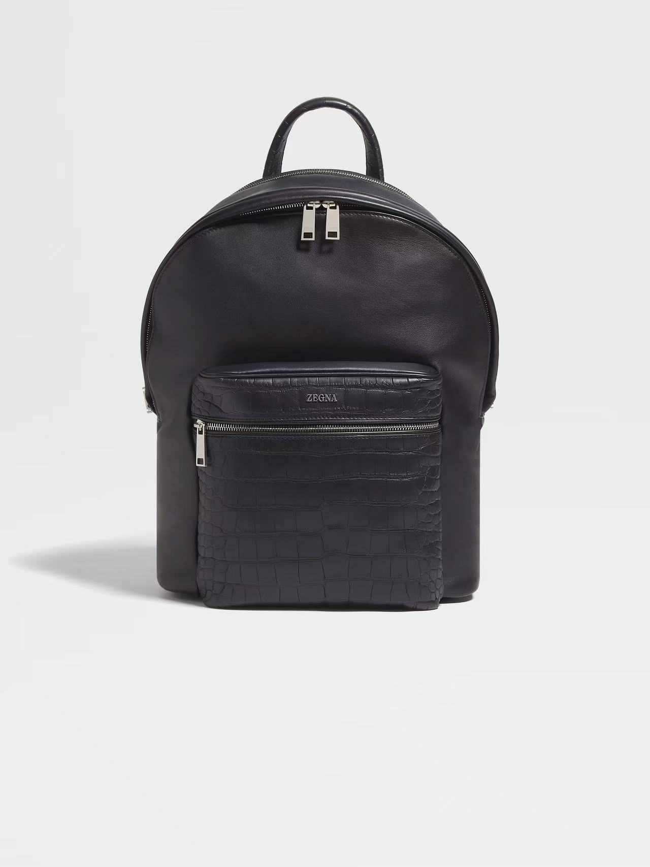 Zegna Black leather with crocodile leather Hoodie backpack