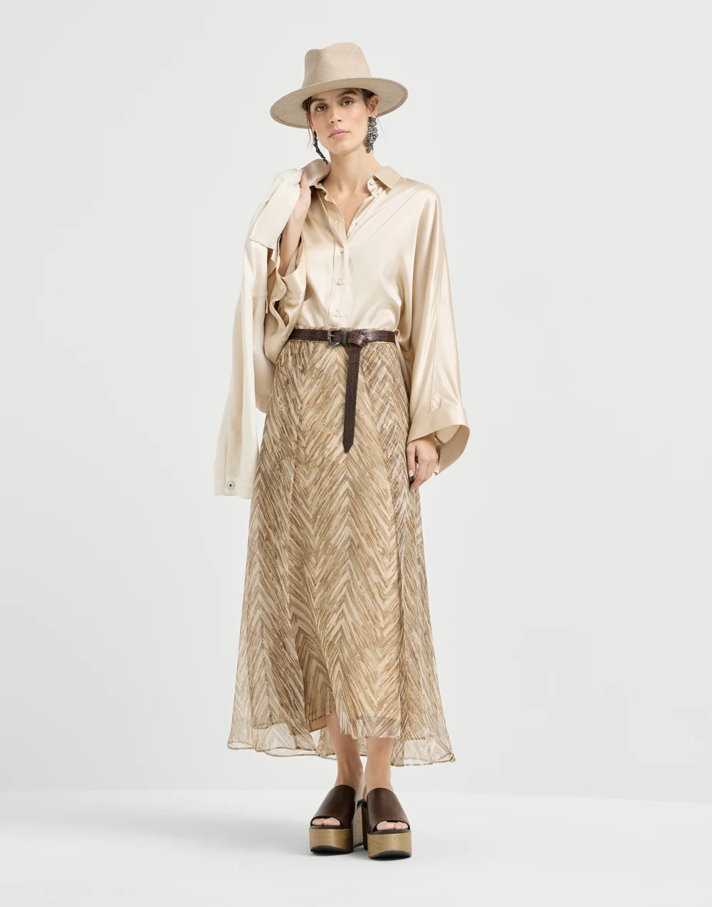 Brunello Cucinelli Silk chevron print organza paneled circle skirt