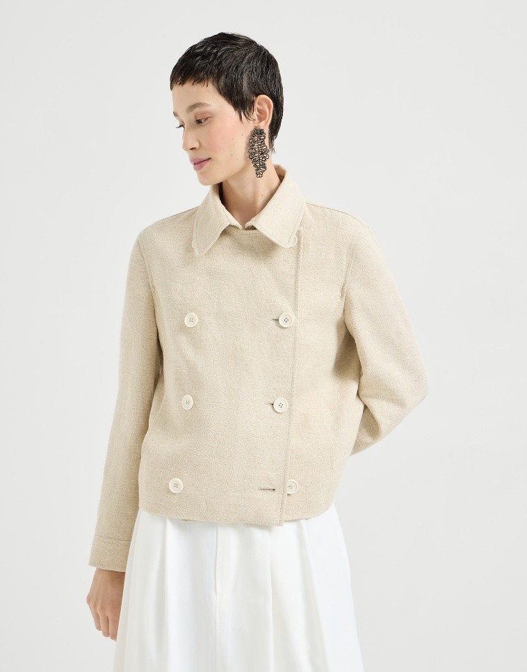 Brunello Cucinelli Slubbed linen, Silk and Hemp Cropped Pea Coat with Monili