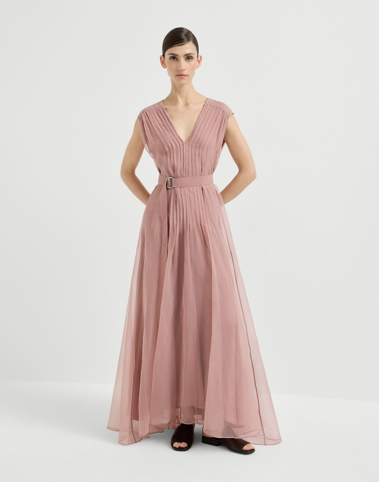Brunello Cucinelli Crispy silk belted dress with pleated detail and precious strap