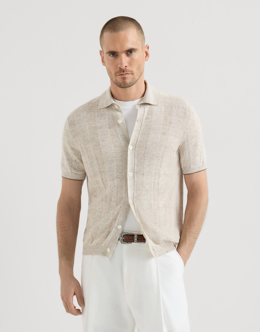 Brunello Cucinelli Linen and cotton textured rib short sleeve knit shirt