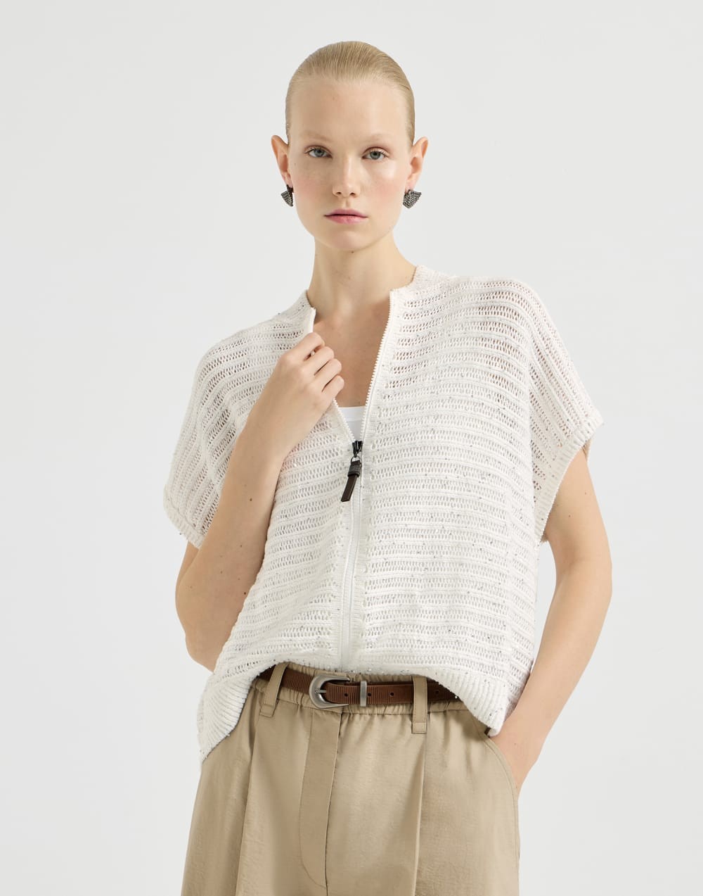 Brunello Cucinelli Linen diamond yarn cardigan with openwork stripes and shiny zipper pull
