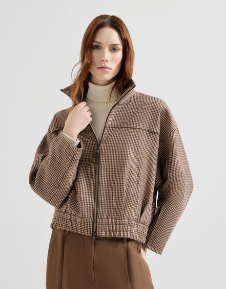 Brunello Cucinelli Sparkling virgin wool houndstooth outerwear jacket with leather piping and shiny zipper pull