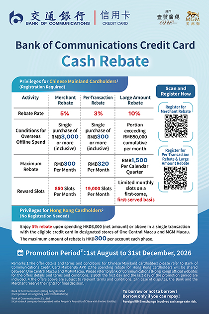 Bank of Communications Credit Card Rebate Promotion