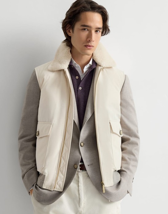 Brunello Cucinelli Waxed techno cotton down vest with detachable shearling collar